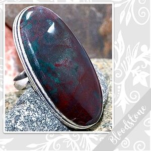 Bloodstone Eclectic Silver Artisan Ring, Size 8 (Burgundy Red, Teal Green)